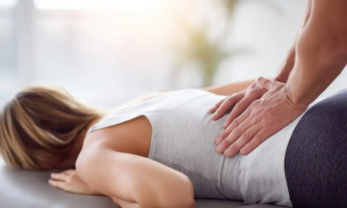 Osteopatia co to? Terapeuta wykonuje masaż pleców pacjentki leżącej na kozetce. Dłonie terapeuty delikatnie uciskają kręgosłup.